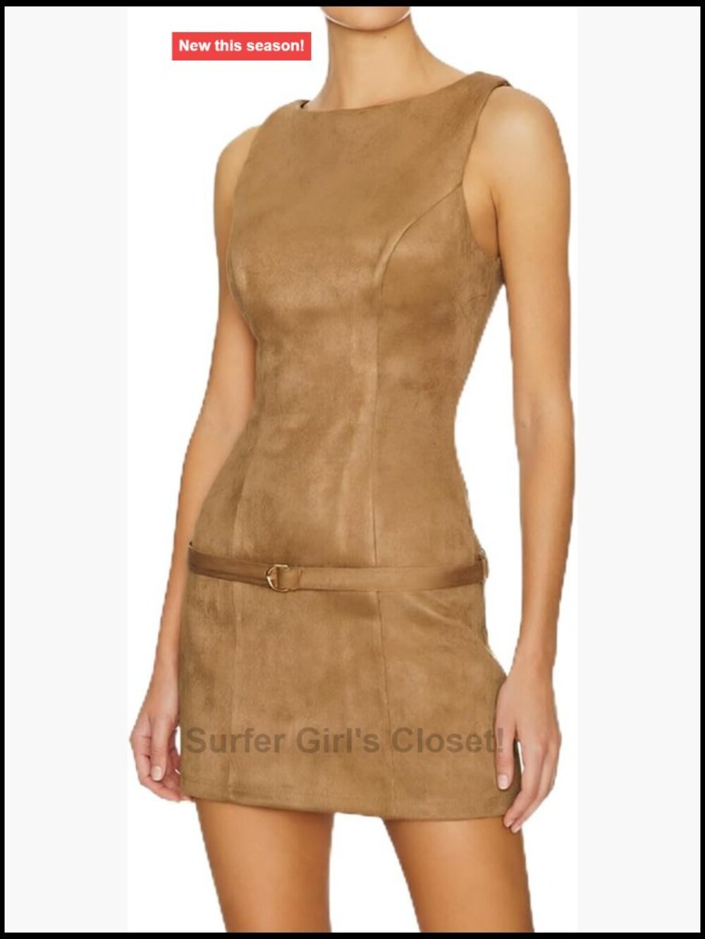 Sleeveless Faux Suede Mini Dress Boat Neck Back Zipper Belted Party Dress